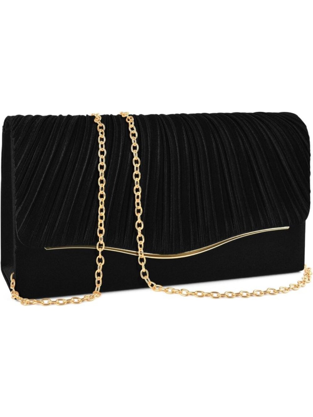 Womens Black Velvet Pleated Flap Gold Accent Envelope Chain Evening Bag Clutch